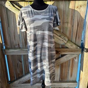 Jersey Glam Gray Camouflage T-Shirt Dress with Layered Flutter Sleeves Size M